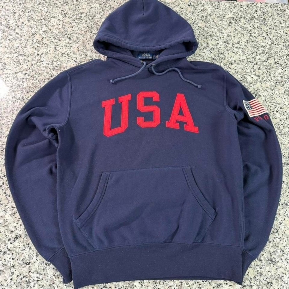 Polo Ralph Lauren Blue Fleece USA American Flag Patch Hoodie Small